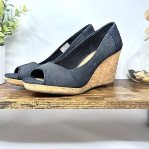 Toms Women's Denim Navy Wedge Slip-On Peep-Open Toe Size 8M